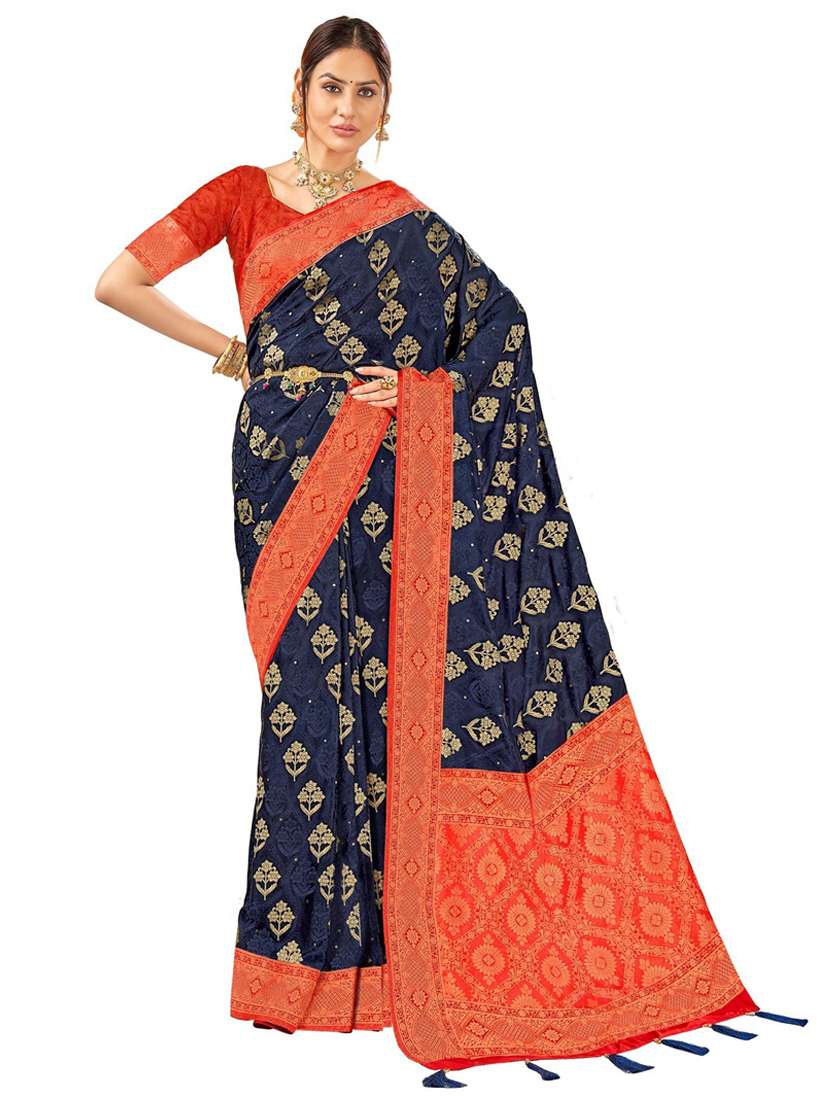 women's printed navy blue colored saree with blouse