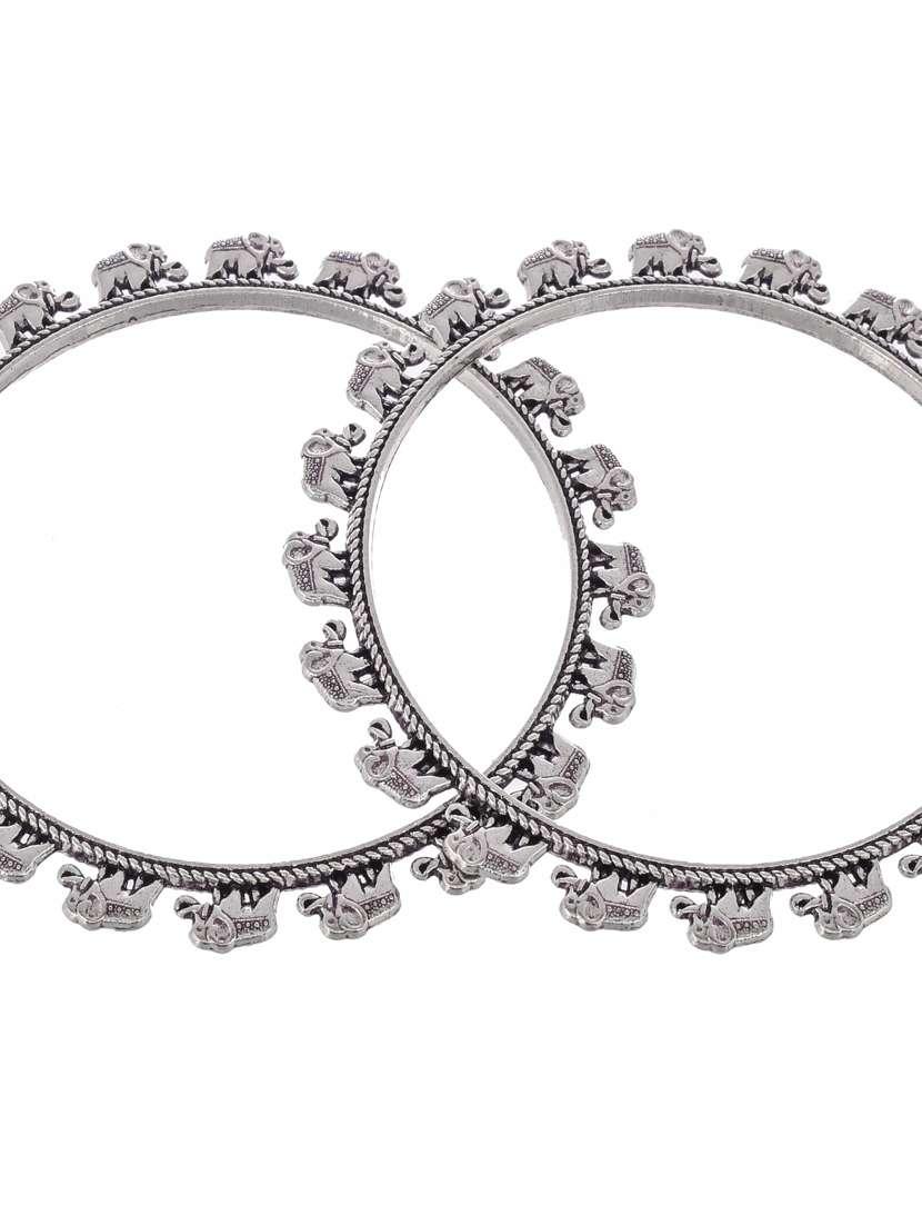 Set Of 2 Silver Toned Oxidised Elephant Shaped Bangles