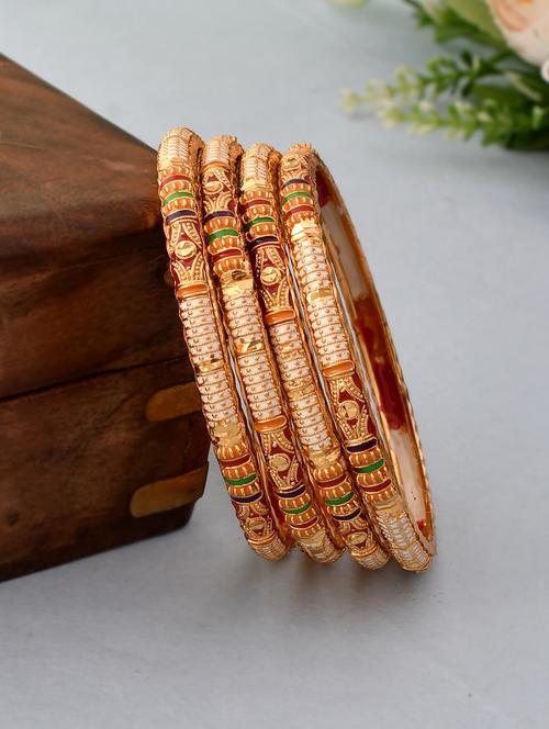 set of 4 gold plated red & green enameled handcrafted bangles - 18380609 - Standard Image - 0