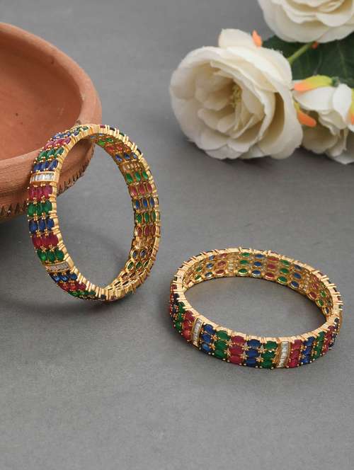 faux emerald sapphire ruby diamond designer gold kada bangles - 18380782 - Standard Image - 0