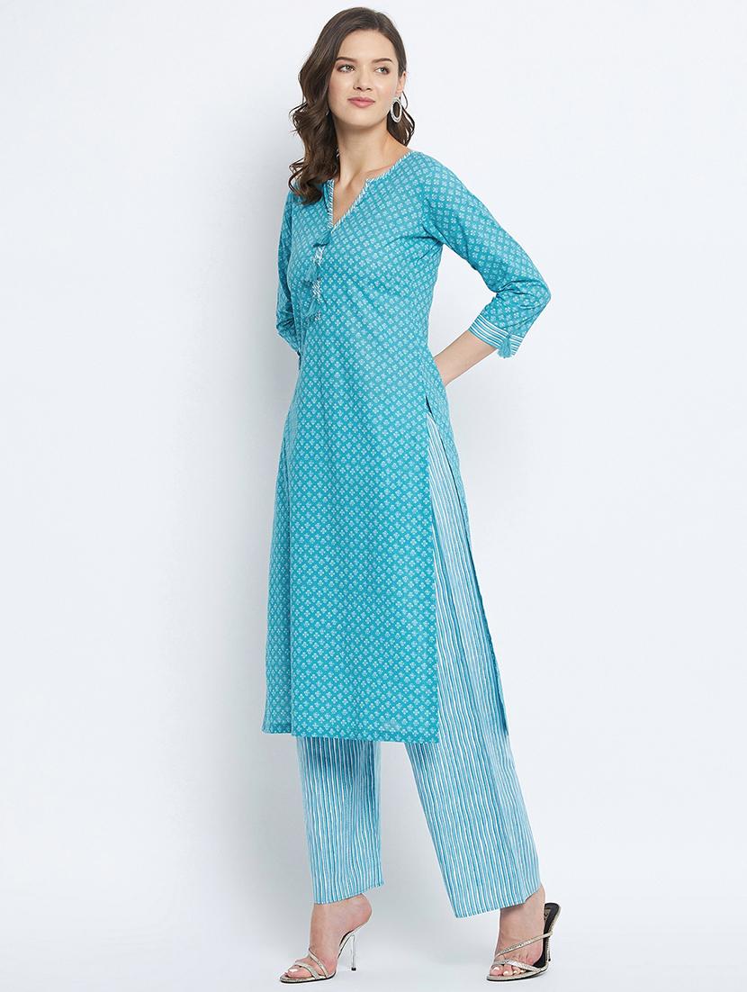 turquoise cotton kurta palazzo  set - 18381004 -  Standard Image - 1