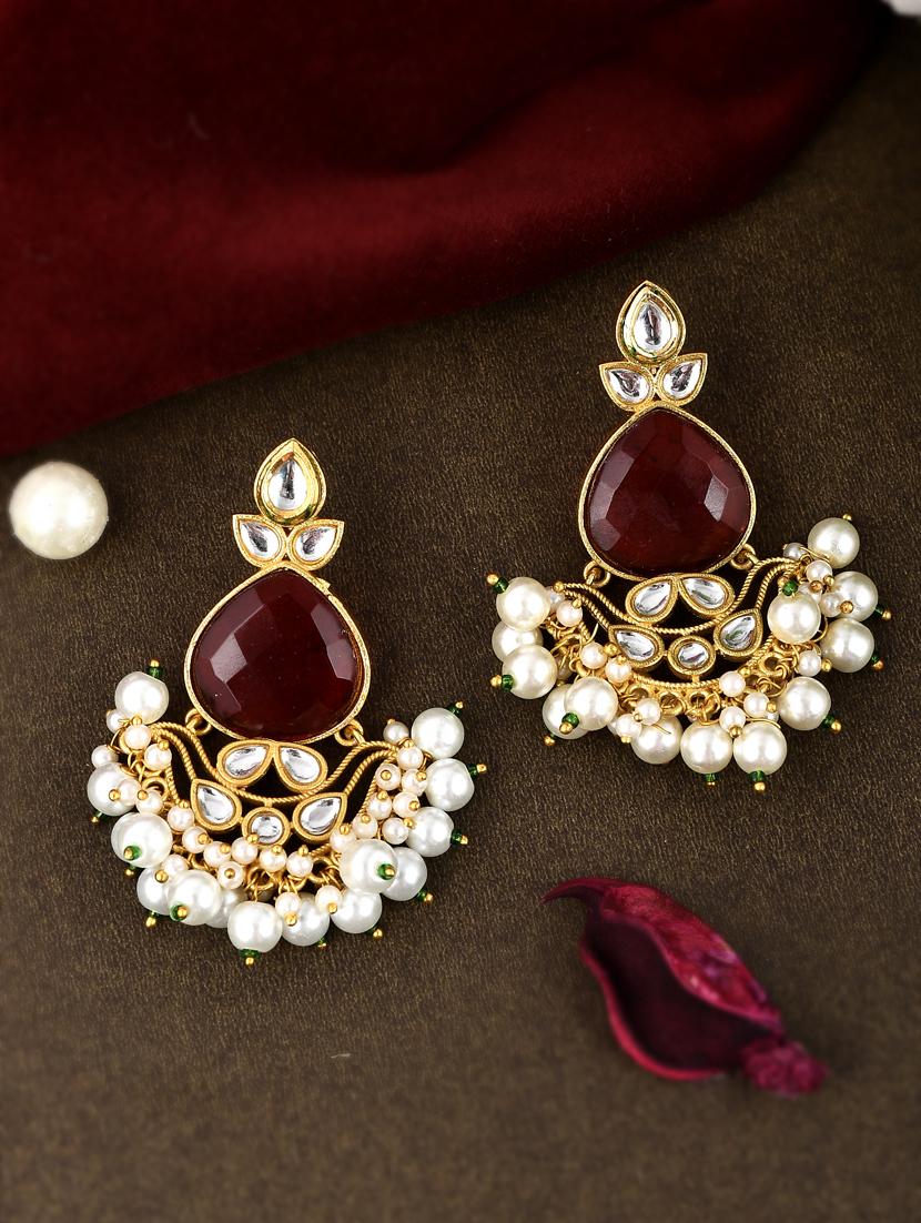 gold plated red stone studded pearl beaded drop earrings - 18381086 -  Zoom Image - 0