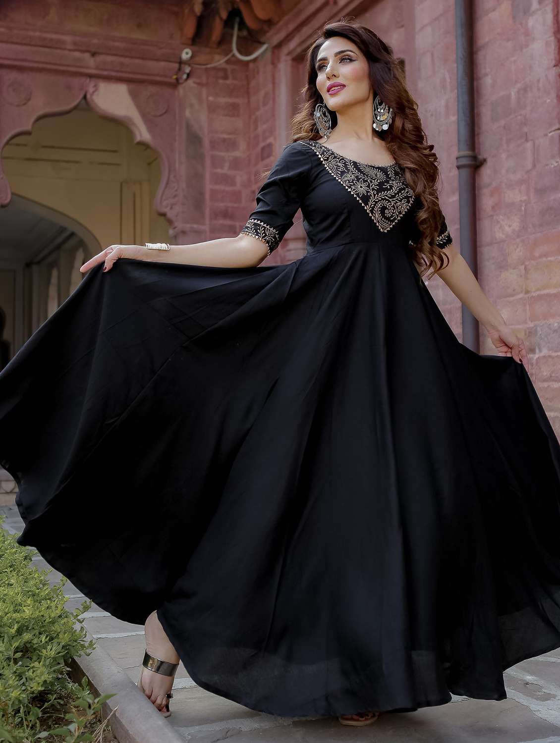 black solid flared ethnic dress