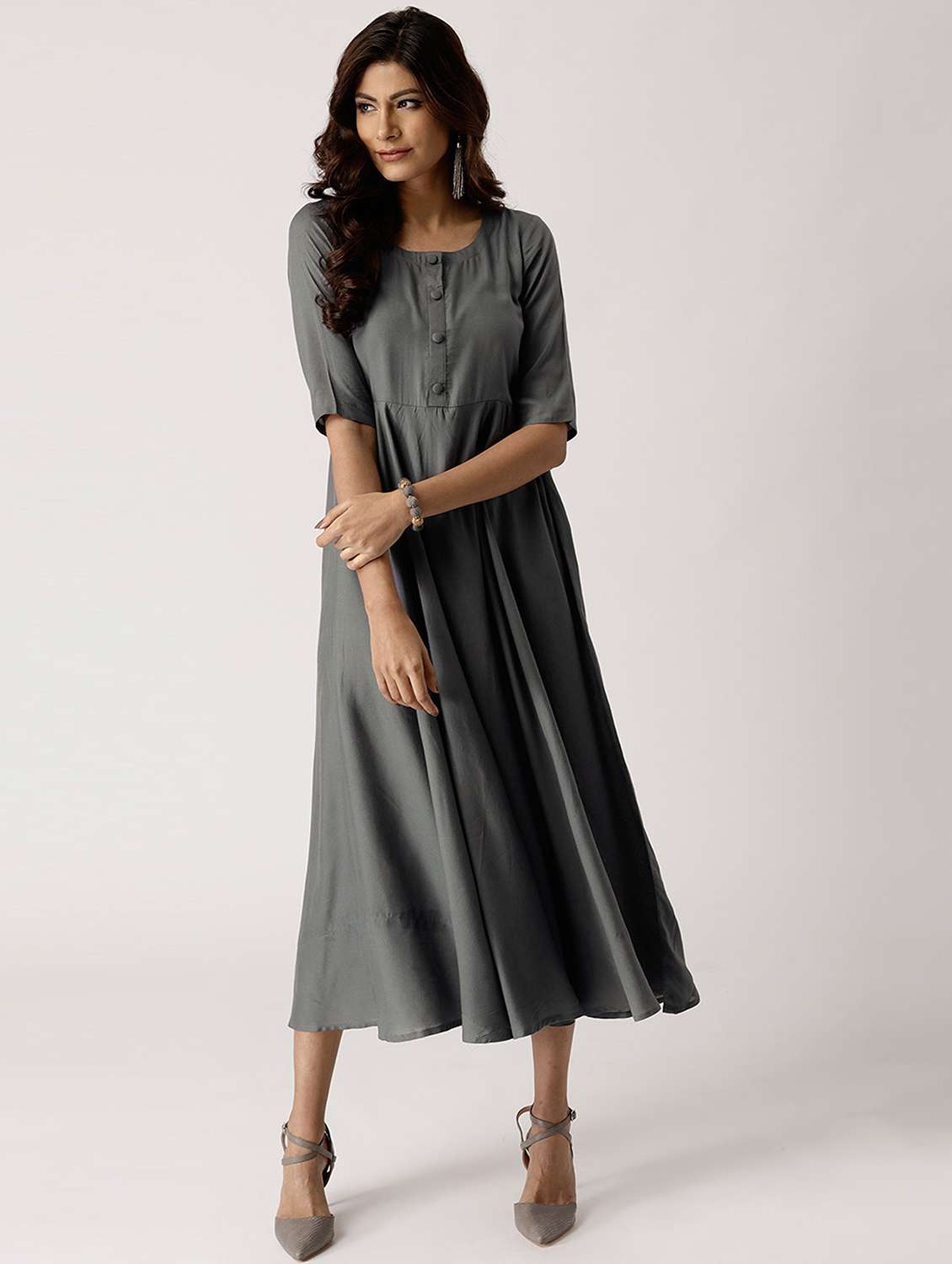 grey solid flared ethnic dress