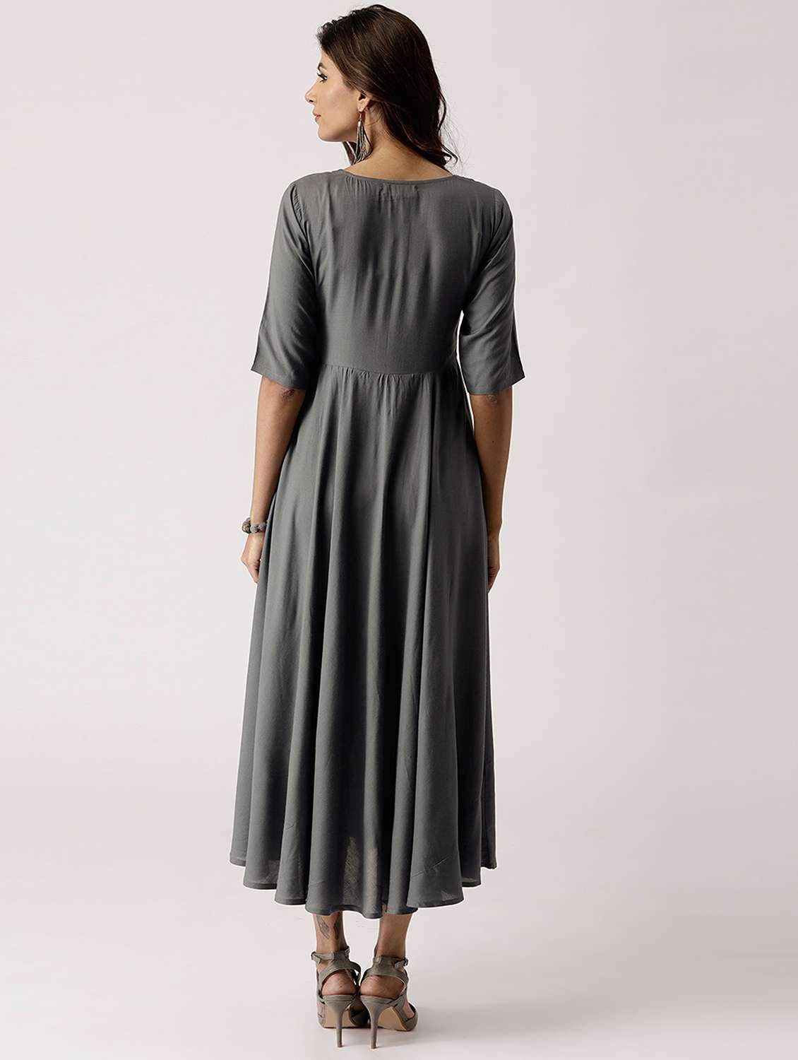 grey solid flared ethnic dress - 18381293 - Standard Image - 1