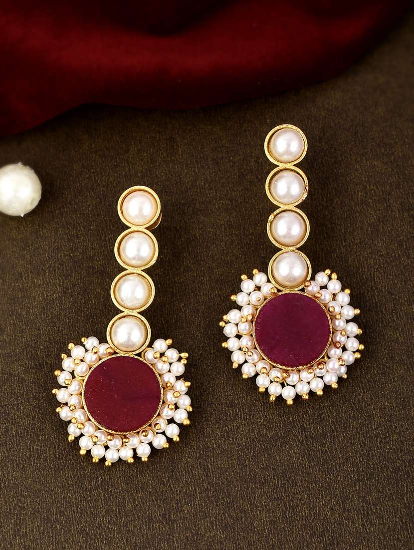 gold plated red stone studded pearl beaded drop earrings