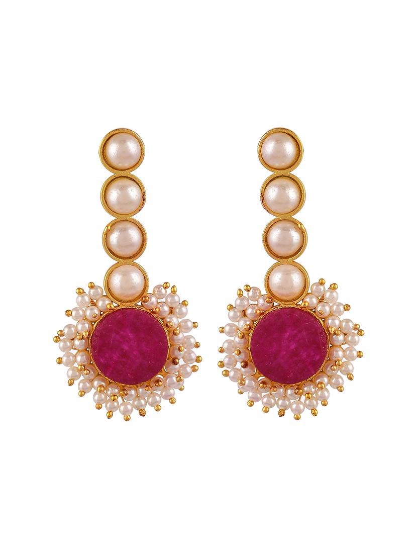 gold plated red stone studded pearl beaded drop earrings - 18381339 -  Standard Image - 1