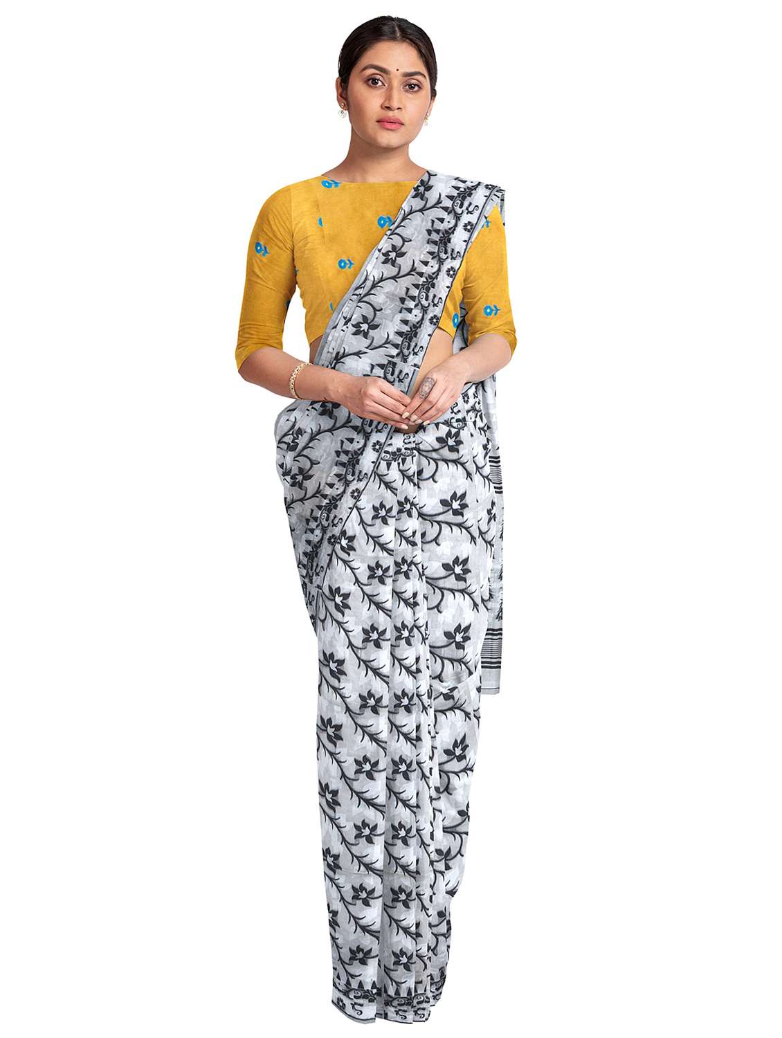 women's floral black colored saree with blouse