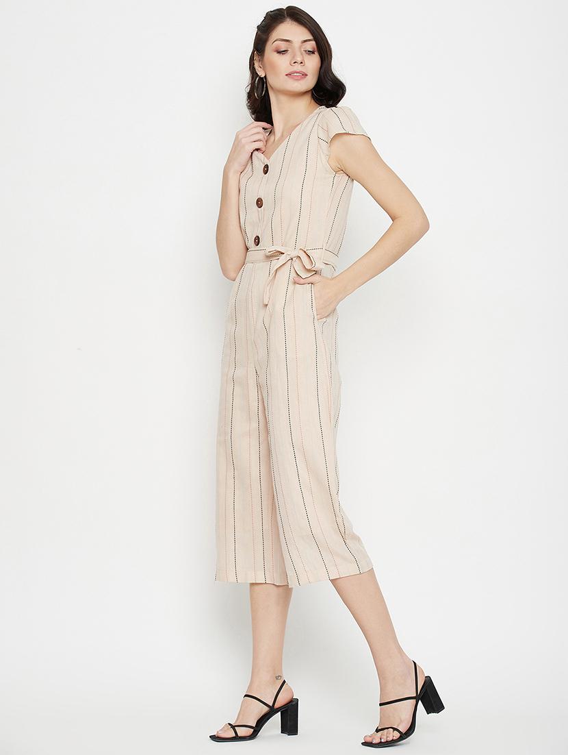 v-neck striped knee length jumpsuit - 18381791 - Standard Image - 1