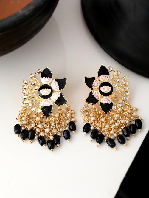 gold plated black toned handcrafted kundan studded floral drop earrings - 18382615 - Standard Image - 0