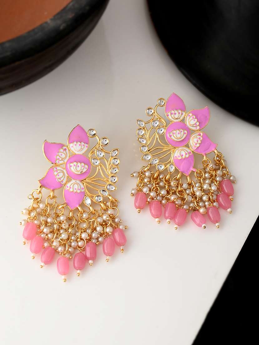 gold plated pink toned handcrafted kundan studded floral drop earrings