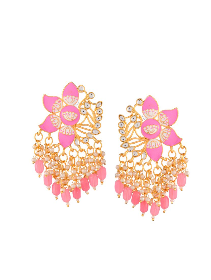 gold plated pink toned handcrafted kundan studded floral drop earrings - 18382616 -  Standard Image - 1