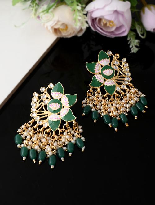 gold plated green toned handcrafted kundan studded floral drop earrings - 18382617 -  Standard Image - 0