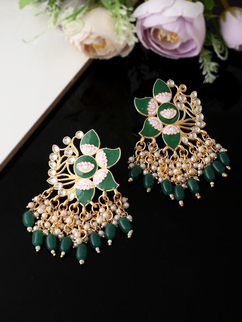gold plated green toned handcrafted kundan studded floral drop earrings - 18382617 -  Zoom Image - 0