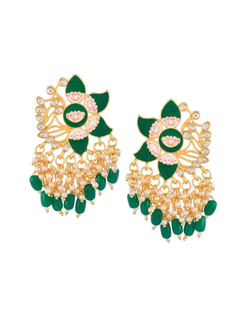 gold plated green toned handcrafted kundan studded floral drop earrings - 18382617 - Standard Image - 1