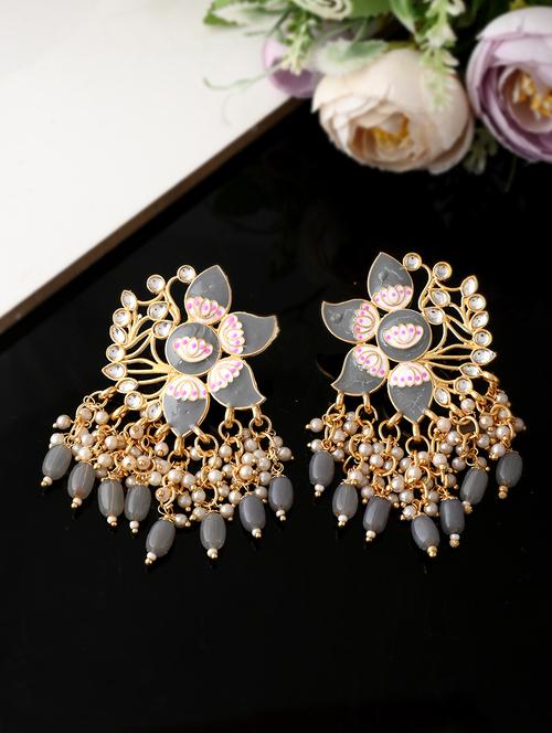 gold plated grey toned handcrafted kundan studded floral drop earrings - 18382618 -  Standard Image - 0