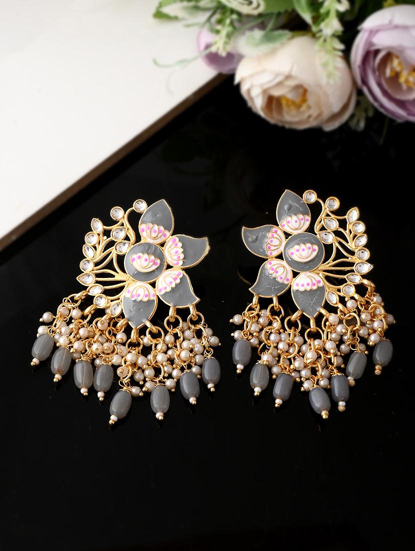 gold plated grey toned handcrafted kundan studded floral drop earrings - 18382618 -  Zoom Image - 0