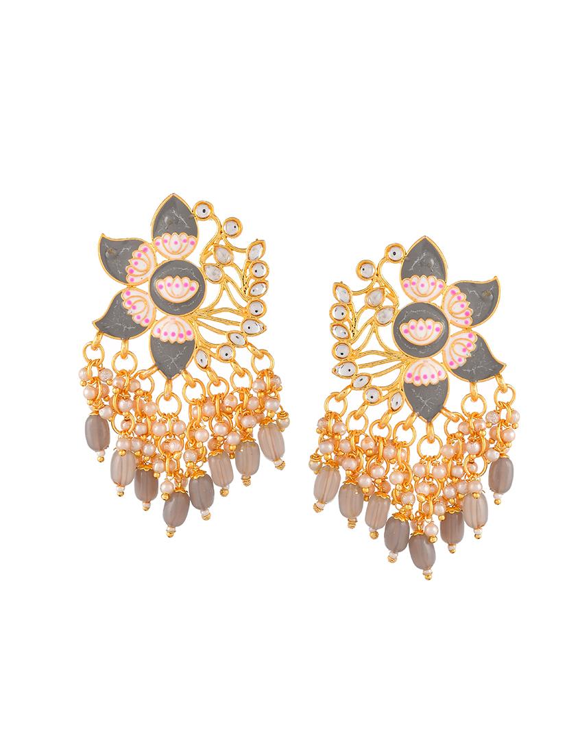 gold plated grey toned handcrafted kundan studded floral drop earrings - 18382618 - Standard Image - 1