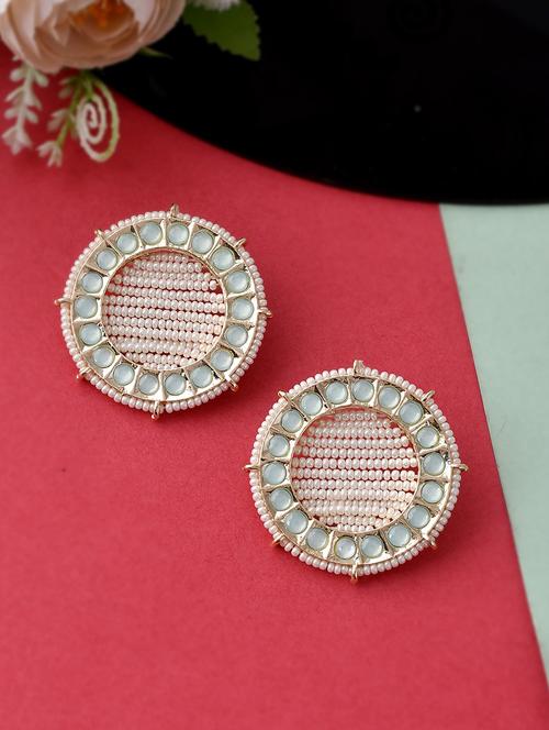gold plated green & pearl beaded handcrafted stud earrings - 18382620 - Standard Image - 0