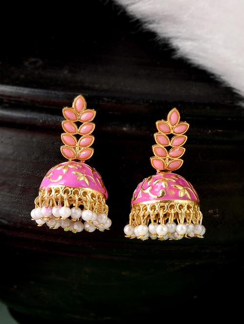 pink brass jhumka earring - 18382663 -  Standard Image - 0