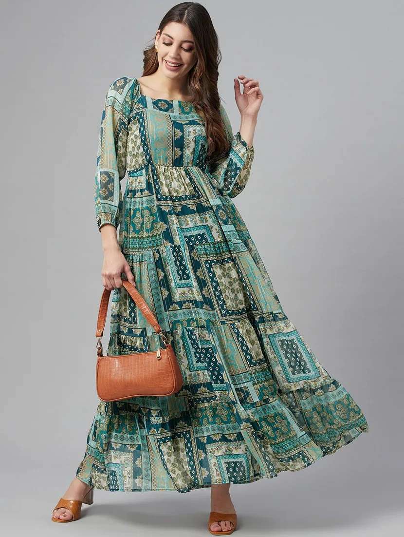 Women Printed Square Neck Tiered Dress