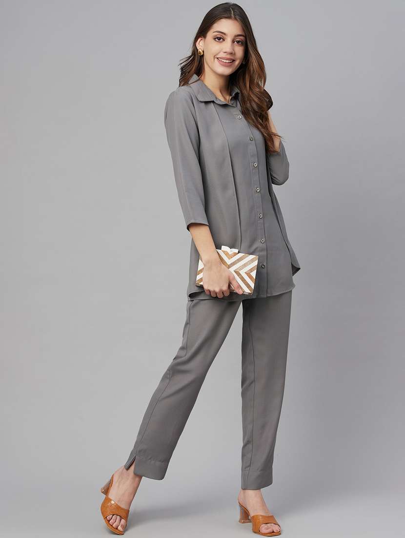 button up solid top and trouser set