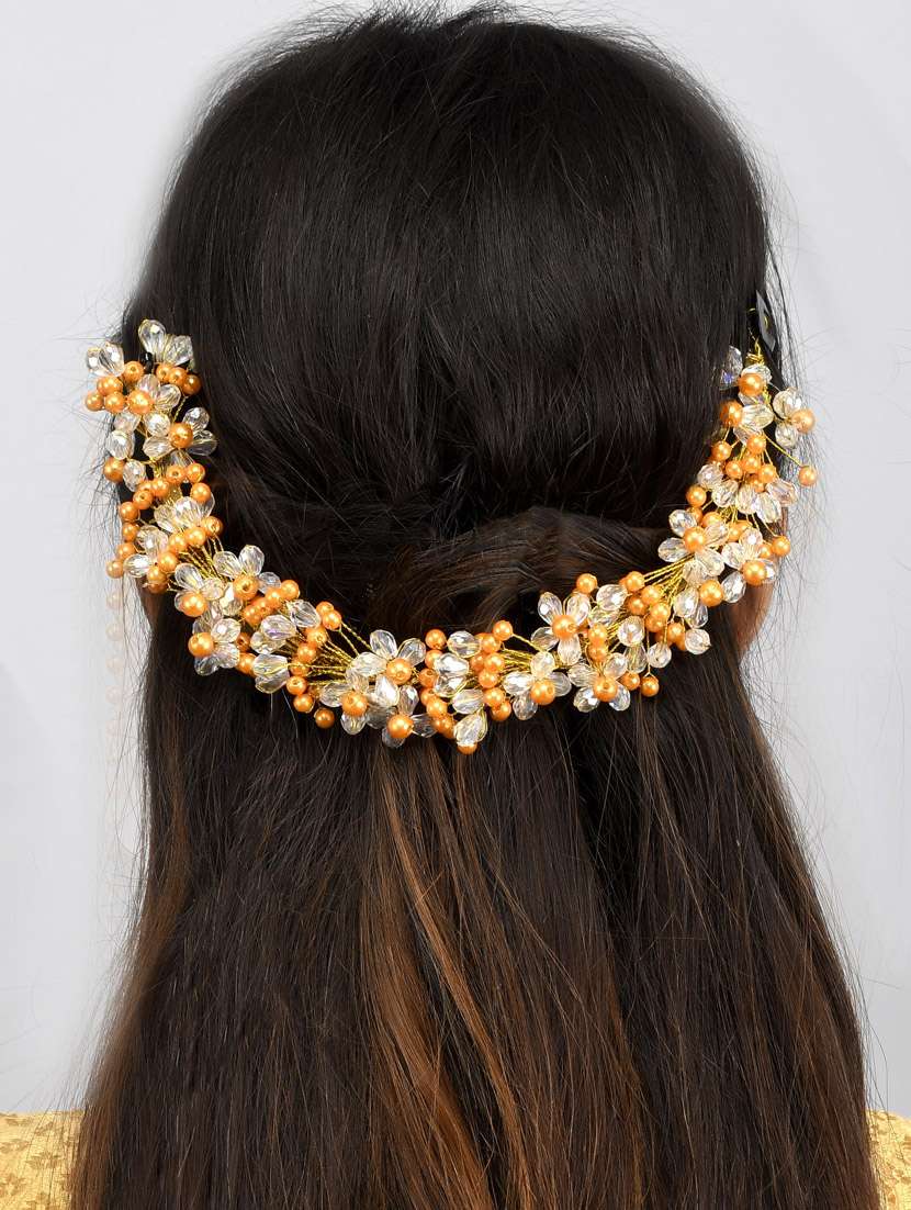 women gold & yellow colored handcrafted beaded hair tiara - 18382870 - Standard Image - 4