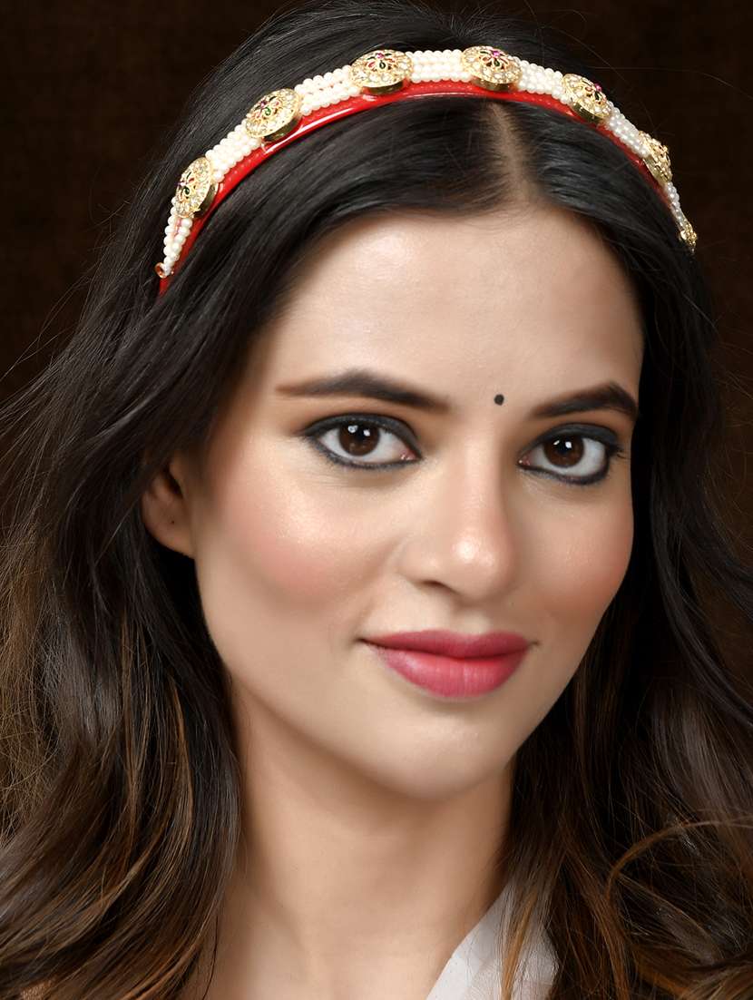 Gold Plated & Red Color Beaded Hair Band