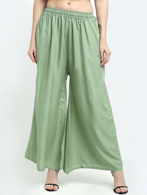 green solid flared palazzo - 18383099 - Standard Image - 0