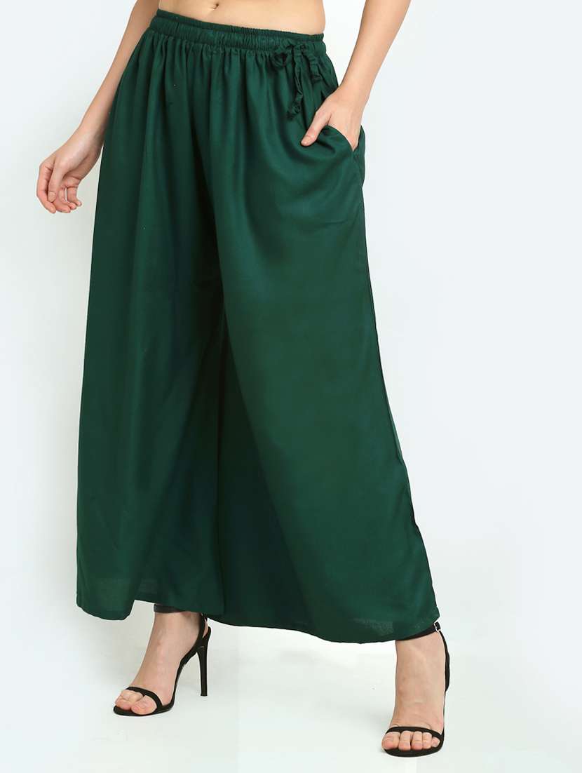 Green Solid Flared Palazzo - 18383100 -  Standard Image - 1