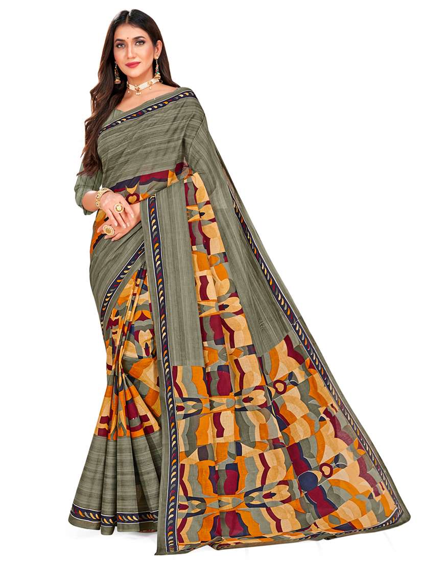 grey cotton printed saree with blouse