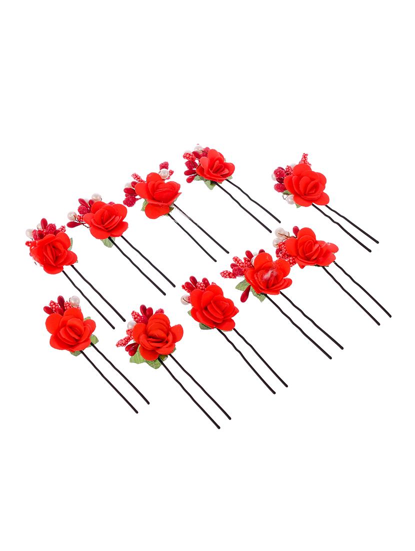 set of 10 women red flower embellished beaded u pins - 18385099 - Standard Image - 1