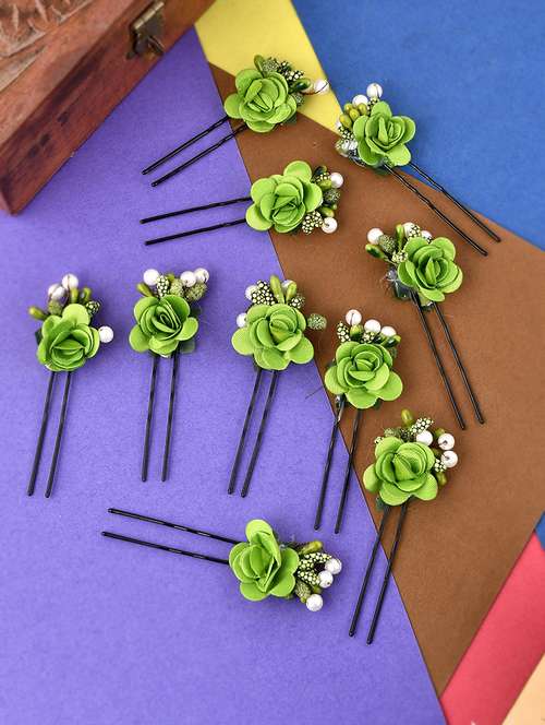 set of 10 women green flower embellished beaded u pins - 18385167 -  Standard Image - 0