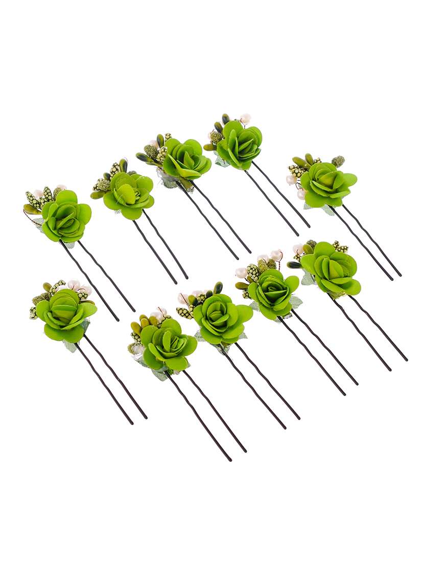 set of 10 women green flower embellished beaded u pins - 18385167 -  Standard Image - 1