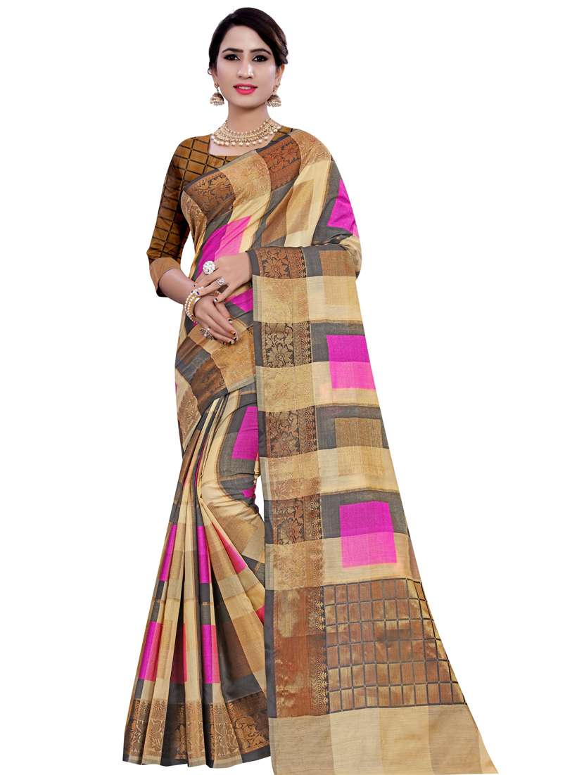 women's checks multi colored saree with blouse - 18385478 - Zoom Image - 0