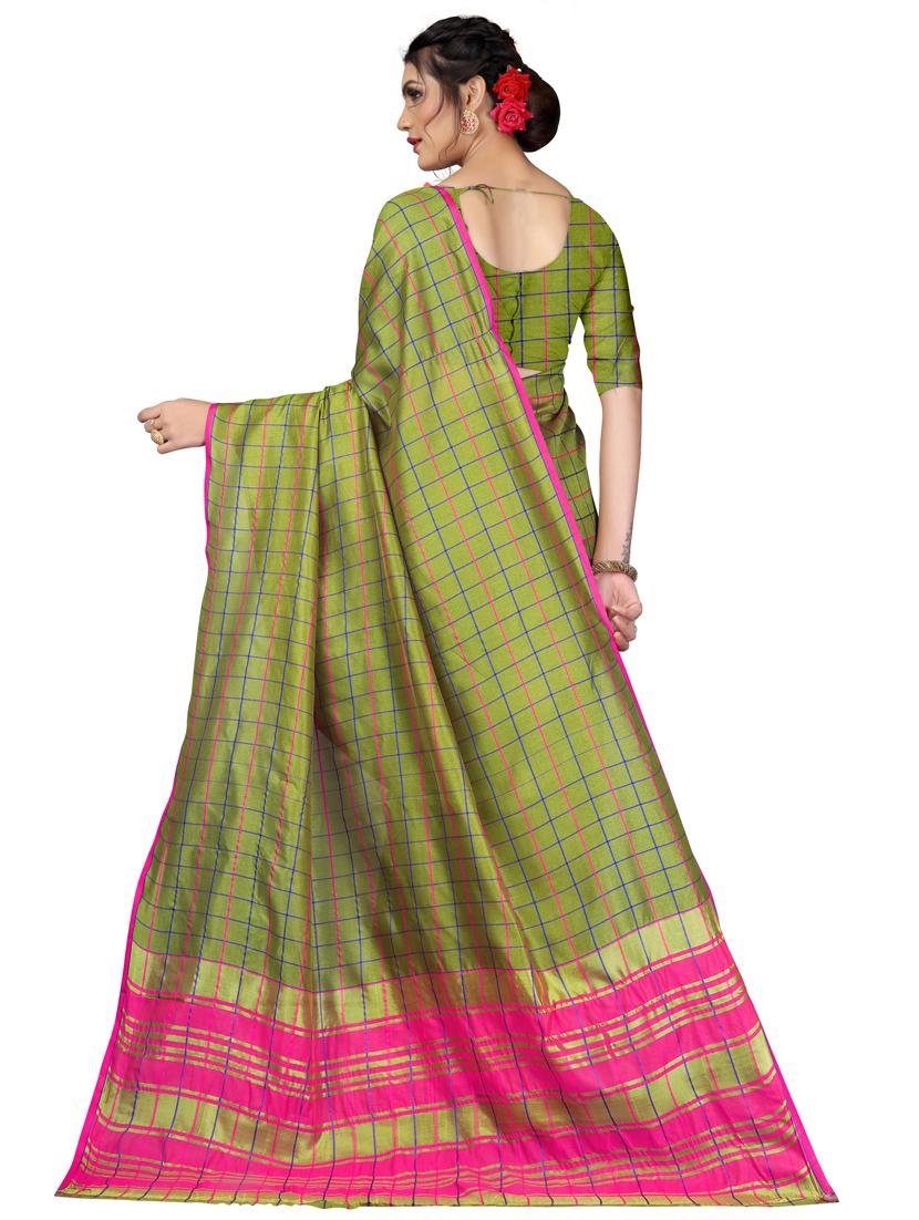 mehandi checkered chanderi saree with blouse - 18385484 - Standard Image - 1