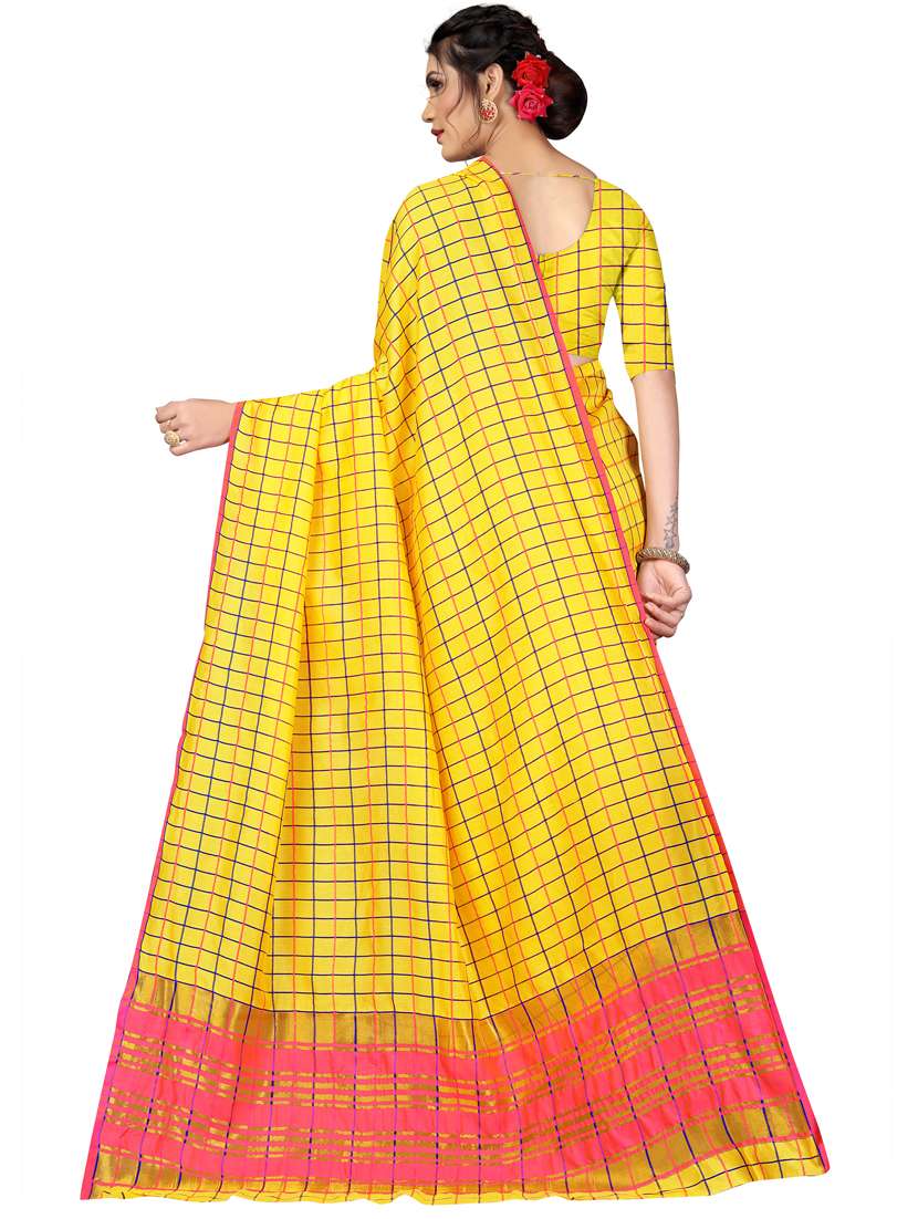 women's checks yellow colored saree with blouse - 18385485 -  Standard Image - 1