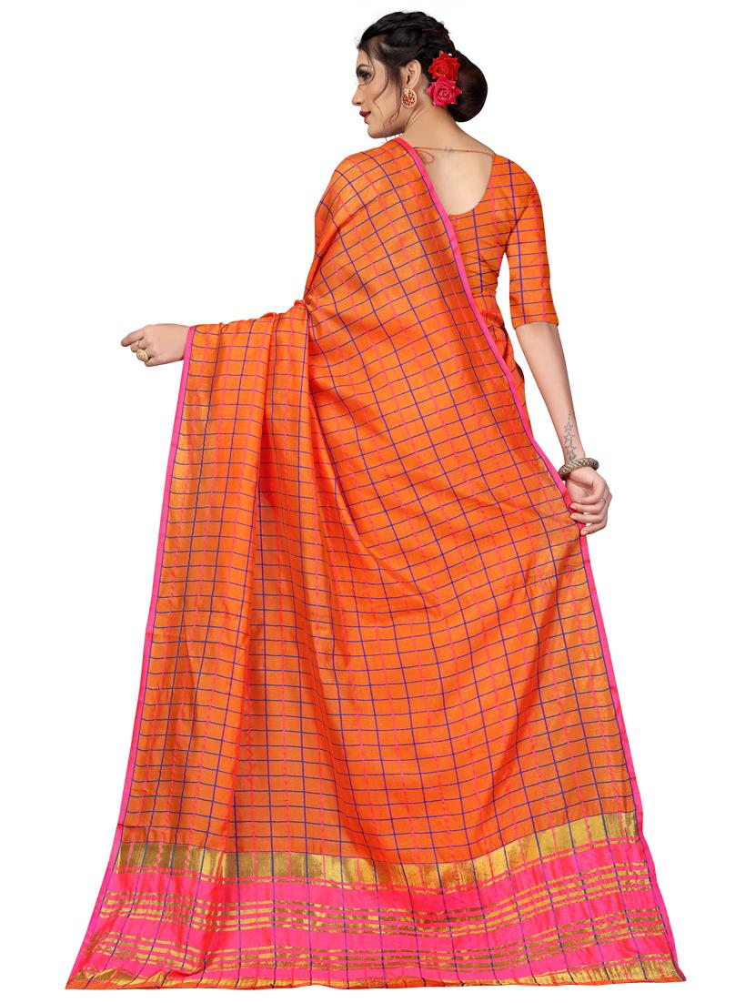 orange checkered chanderi saree with blouse - 18385486 -  Standard Image - 1
