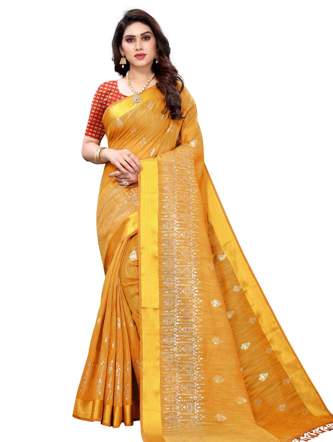 mustard cotton blend printed saree with blouse