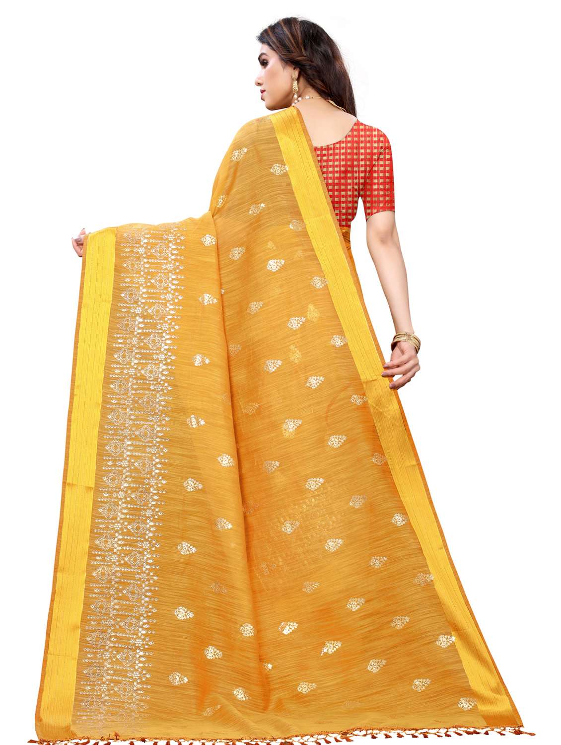 mustard cotton blend printed saree with blouse - 18385624 -  Standard Image - 1