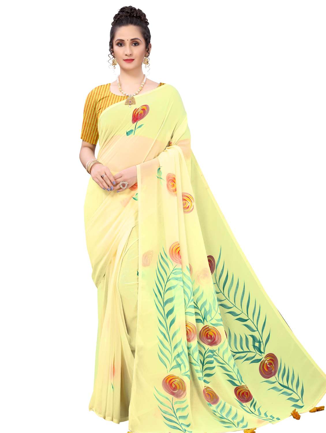 yellow georgette printed saree with blouse