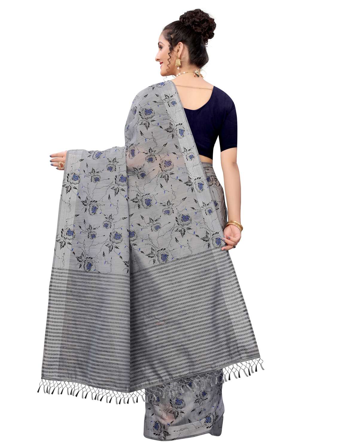 grey cotton blend printed saree with blouse - 18385643 -  Standard Image - 1