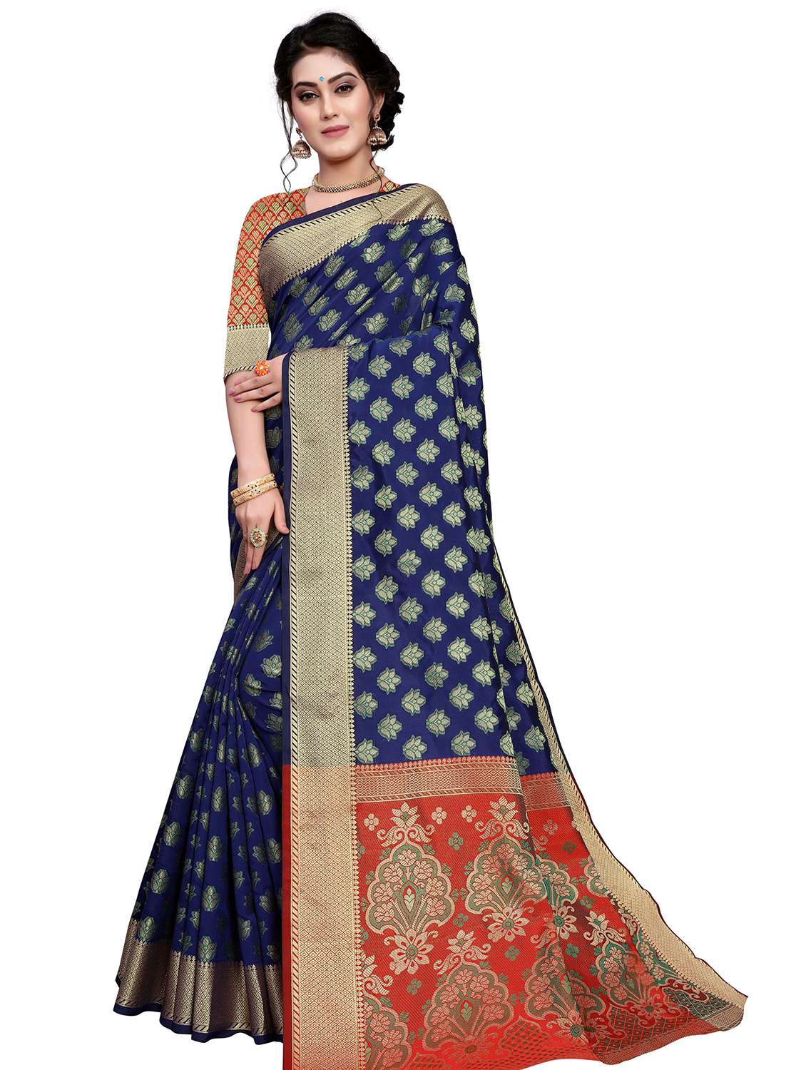 women's self design navy blue colored saree with blouse