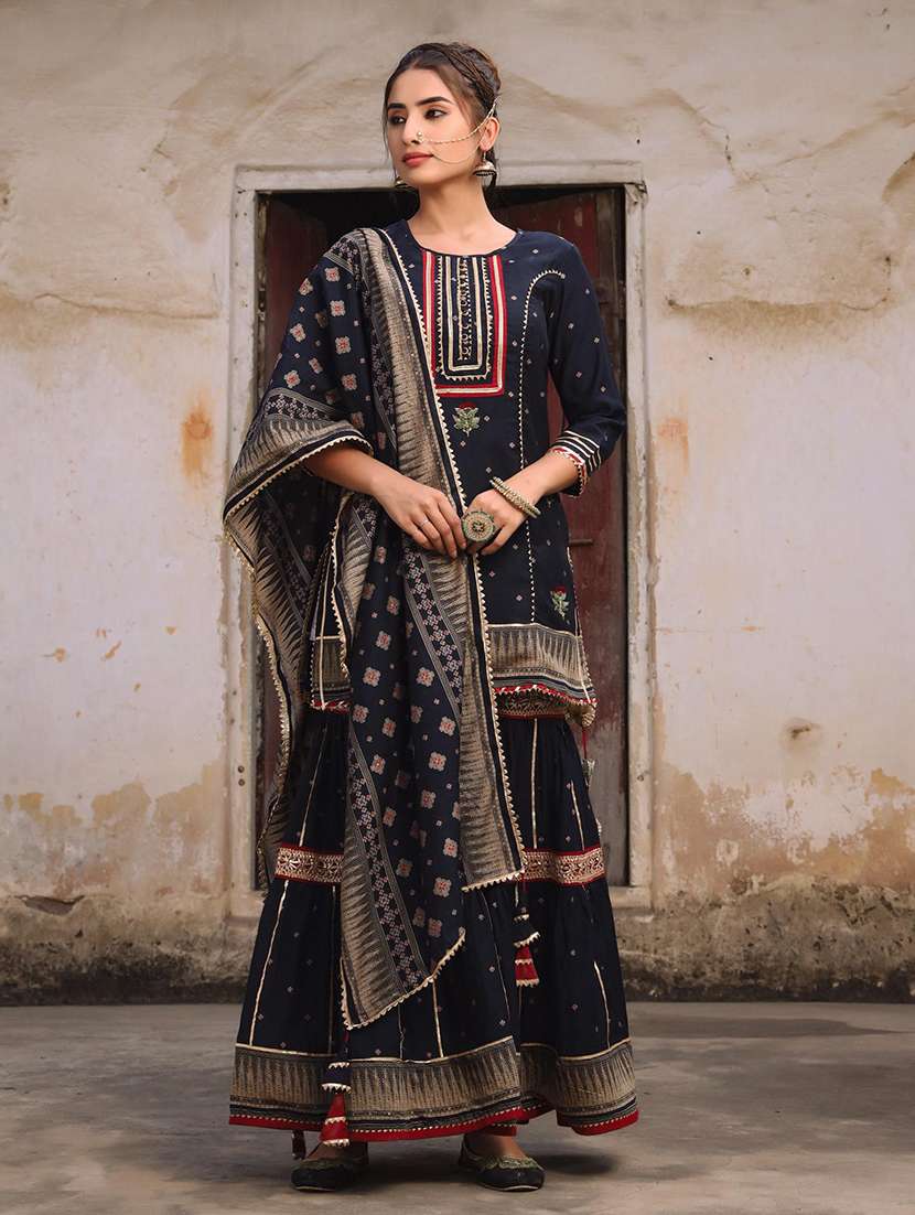 indigo chanderi kurta sharara  set