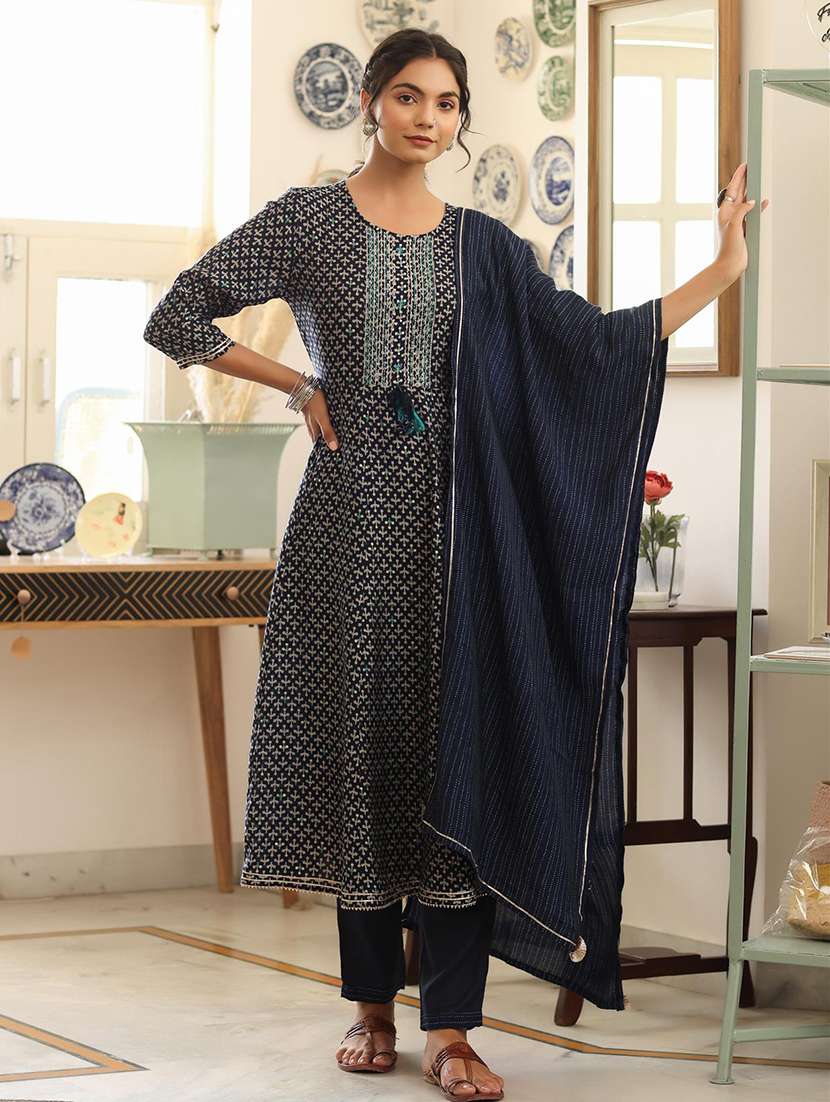 indigo silk suit  set