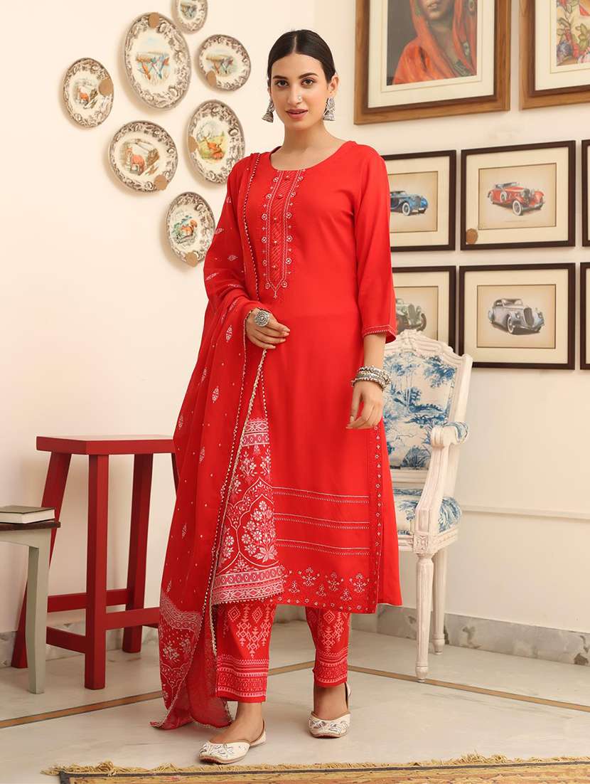 red rayon suit  set