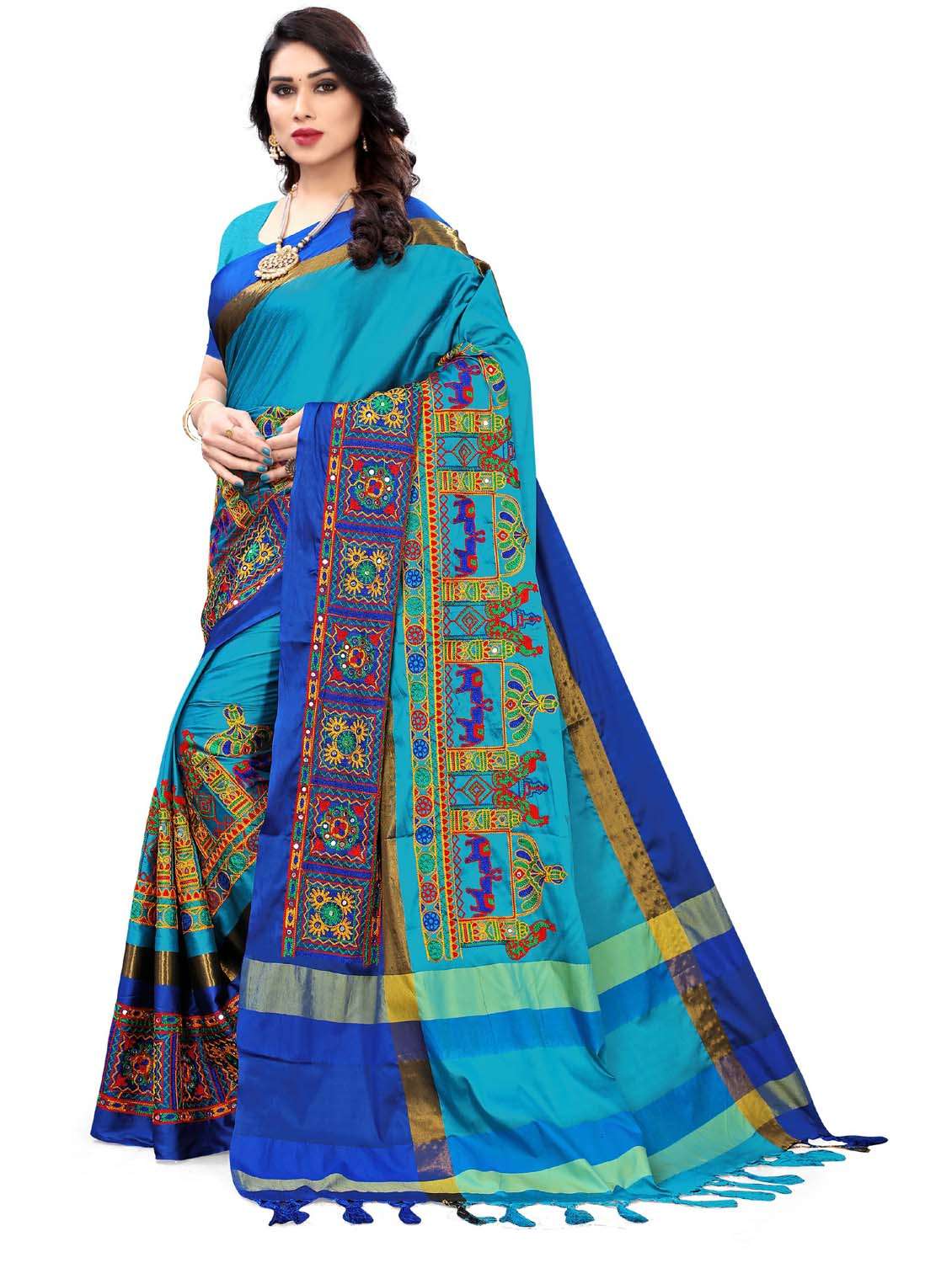 turquoise cotton silk embroidered saree - 18386744 -  Standard Image - 1