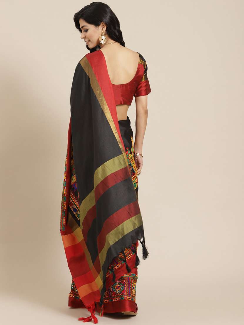 black cotton silk embroidered saree with blouse - 18386752 - Standard Image - 1