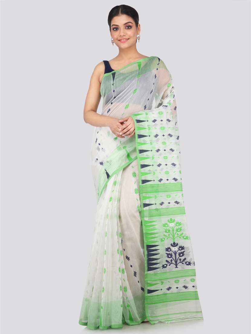 white cotton blend jamdani saree