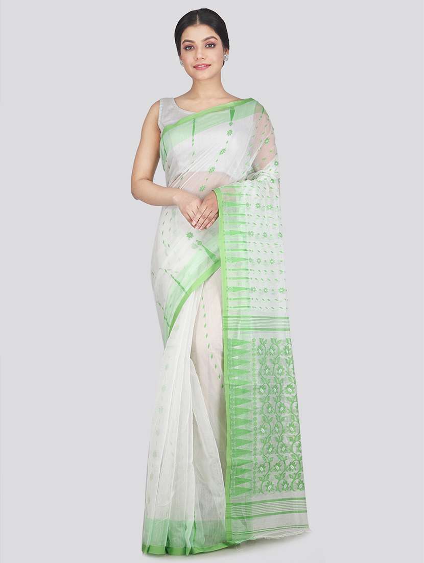 white cotton blend jamdani saree